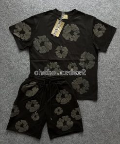 Classic Shop 11 DT ĐEN XÁM HOẠ TIẾT IN NỔI, Set quần áo unisex áo thun oversize + quần short họa tiết hoa, chất cotton thoáng mát, phong cách streetwear cá tính
